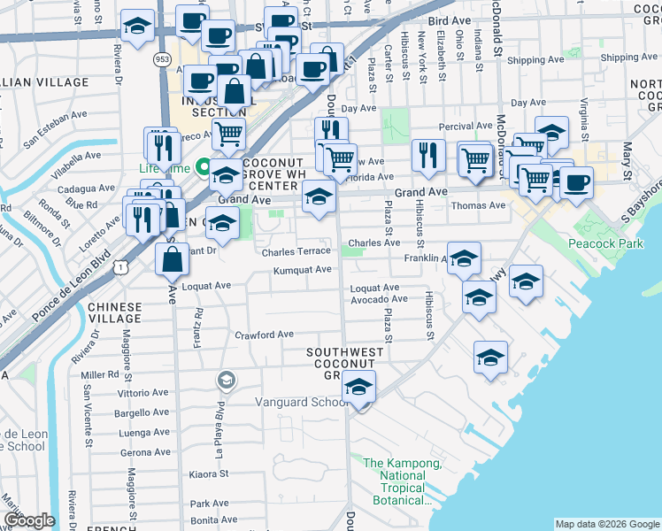 map of restaurants, bars, coffee shops, grocery stores, and more near 3740 Charles Terrace in Miami