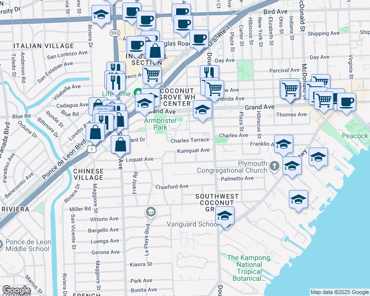 map of restaurants, bars, coffee shops, grocery stores, and more near 3840 Charles Terrace in Miami