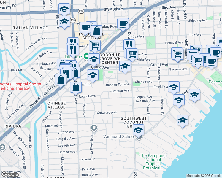 map of restaurants, bars, coffee shops, grocery stores, and more near 3840 Charles Terrace in Miami
