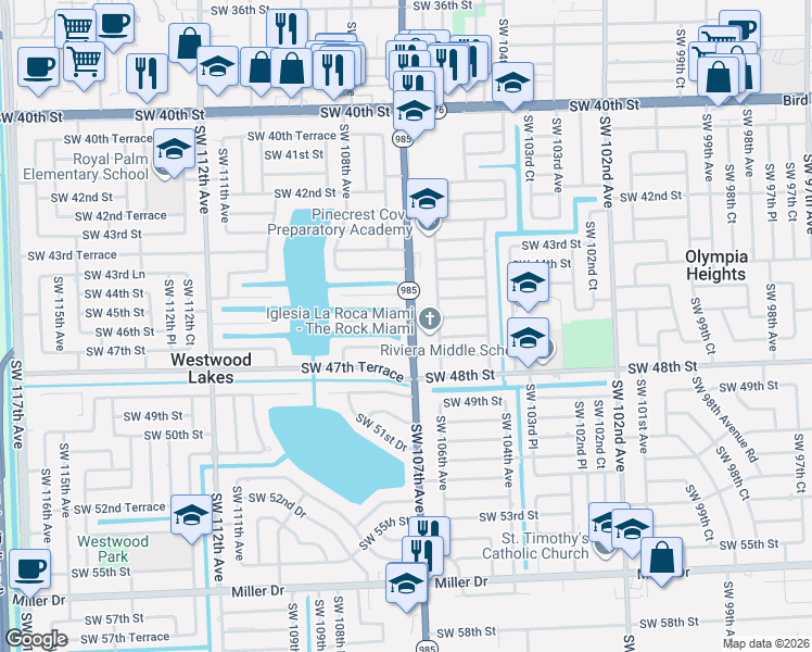 map of restaurants, bars, coffee shops, grocery stores, and more near 4530 Southwest 106th Avenue in Miami