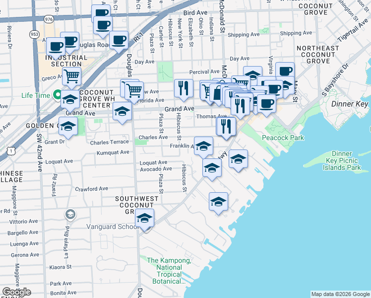 map of restaurants, bars, coffee shops, grocery stores, and more near 3428 Franklin Avenue in Miami