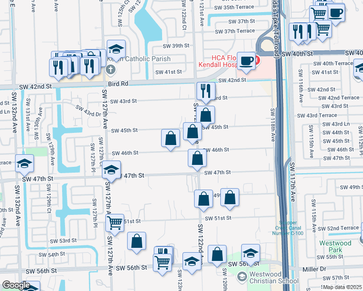 map of restaurants, bars, coffee shops, grocery stores, and more near 12251 Southwest 46th Street in Miami
