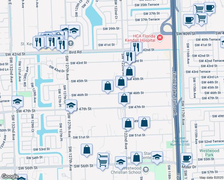 map of restaurants, bars, coffee shops, grocery stores, and more near 12251 Southwest 46th Street in Miami