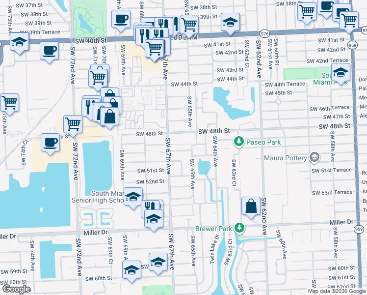 map of restaurants, bars, coffee shops, grocery stores, and more near 6601 Southwest 49th Street in Miami