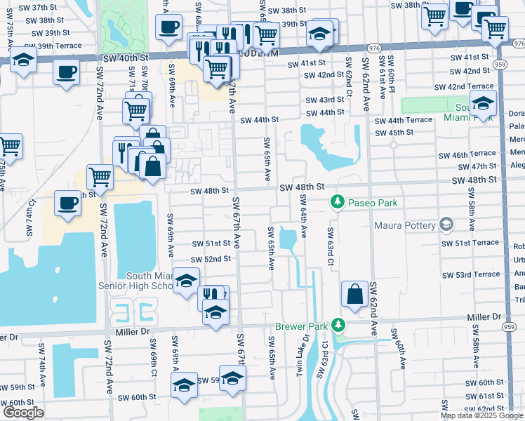 map of restaurants, bars, coffee shops, grocery stores, and more near 6525 Southwest 49th Terrace in Miami