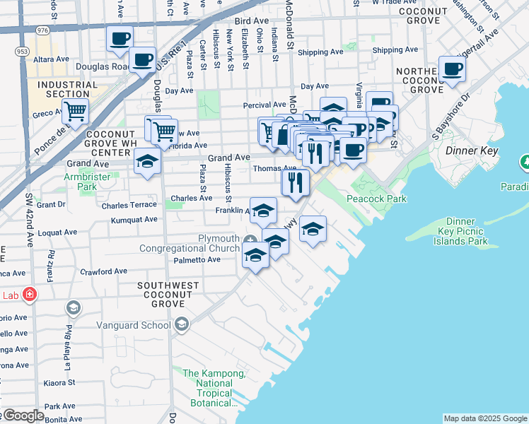 map of restaurants, bars, coffee shops, grocery stores, and more near Franklin Avenue in Miami