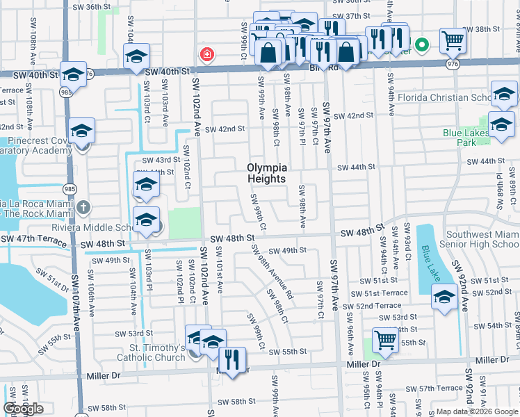 map of restaurants, bars, coffee shops, grocery stores, and more near 9870 Southwest 46th Street in Miami