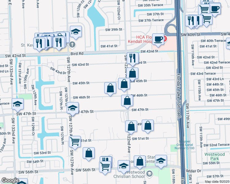 map of restaurants, bars, coffee shops, grocery stores, and more near 12251 Southwest 46th Street in Miami