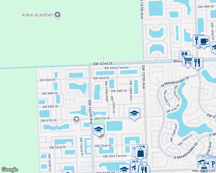 map of restaurants, bars, coffee shops, grocery stores, and more near 4361 Southwest 159th Path in Miami