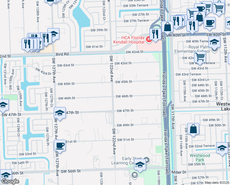 map of restaurants, bars, coffee shops, grocery stores, and more near 12199 Southwest 46th Street in Miami