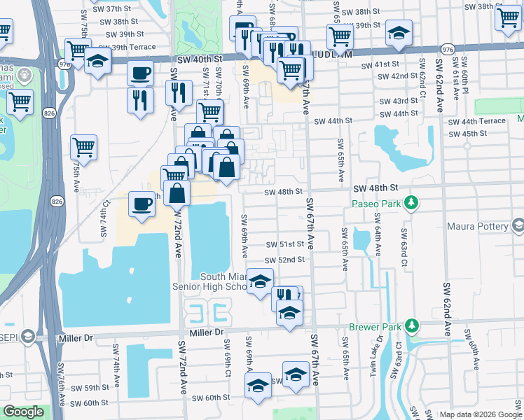map of restaurants, bars, coffee shops, grocery stores, and more near 6850 Southwest 48th Terrace in Miami