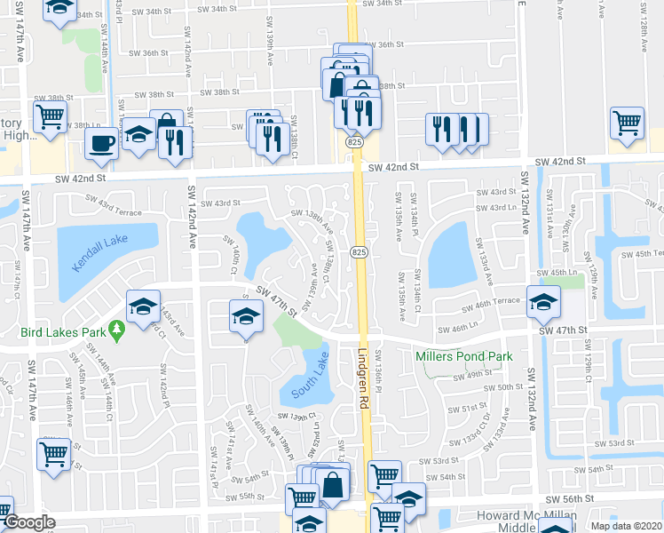map of restaurants, bars, coffee shops, grocery stores, and more near 4401 Southwest 138th Court in Miami