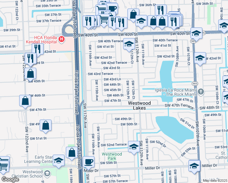 map of restaurants, bars, coffee shops, grocery stores, and more near 11340 Southwest 45th Street in Miami