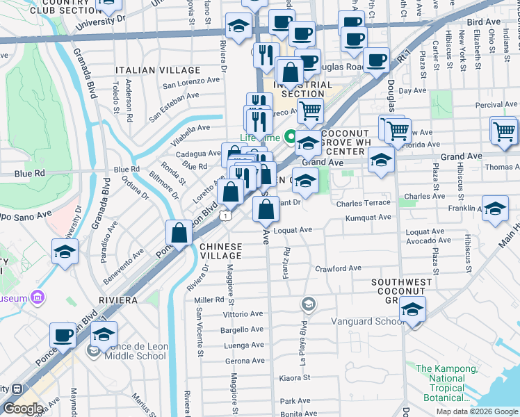 map of restaurants, bars, coffee shops, grocery stores, and more near 4950 South Le Jeune Road in Coral Gables