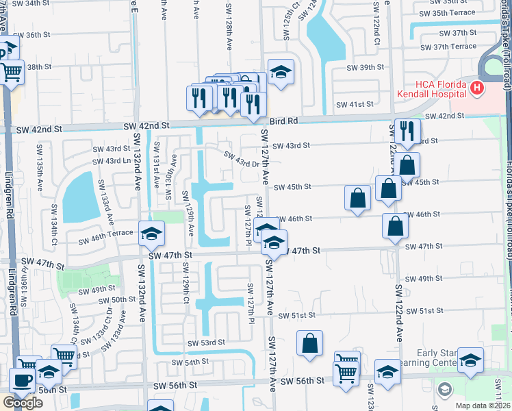 map of restaurants, bars, coffee shops, grocery stores, and more near 4552 Southwest 127th Court in Miami