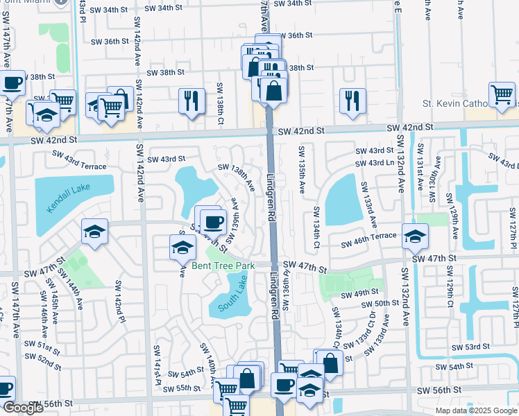 map of restaurants, bars, coffee shops, grocery stores, and more near 4410 Southwest 137th Court in Miami