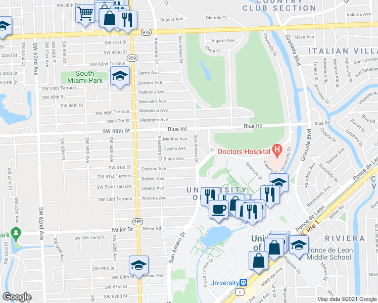 map of restaurants, bars, coffee shops, grocery stores, and more near 1410 Cecilia Avenue in Coral Gables