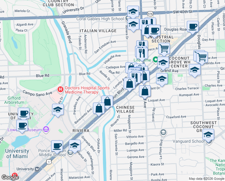 map of restaurants, bars, coffee shops, grocery stores, and more near 4951 Riviera Drive in Coral Gables