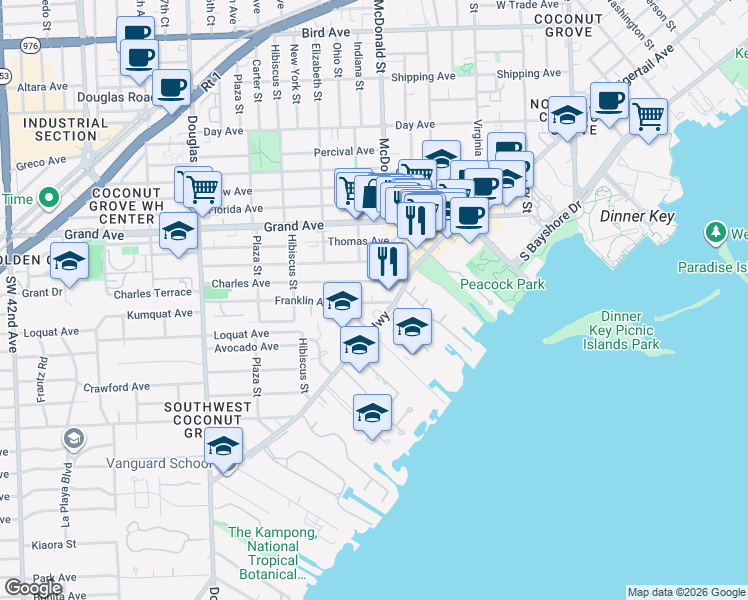 map of restaurants, bars, coffee shops, grocery stores, and more near 3540 Main Highway in Miami