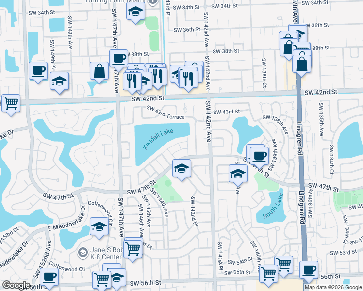 map of restaurants, bars, coffee shops, grocery stores, and more near 4545 Southwest 143rd Avenue in Miami