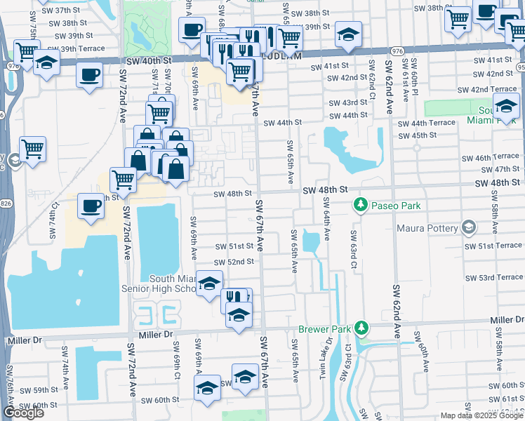 map of restaurants, bars, coffee shops, grocery stores, and more near 4901 Ludlam Road in Miami