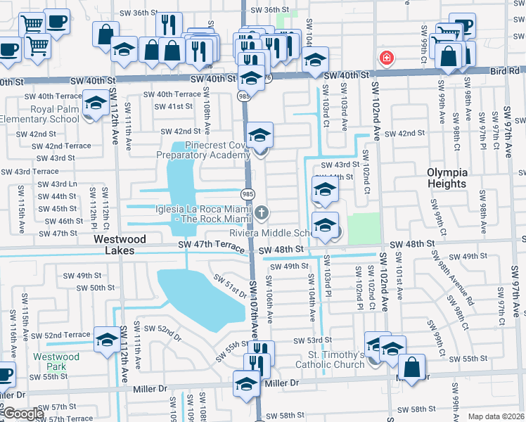 map of restaurants, bars, coffee shops, grocery stores, and more near 4530 Southwest 106th Avenue in Miami