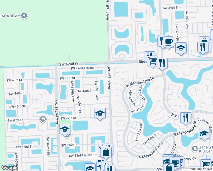 map of restaurants, bars, coffee shops, grocery stores, and more near 15719 Southwest 43rd Lane in Miami