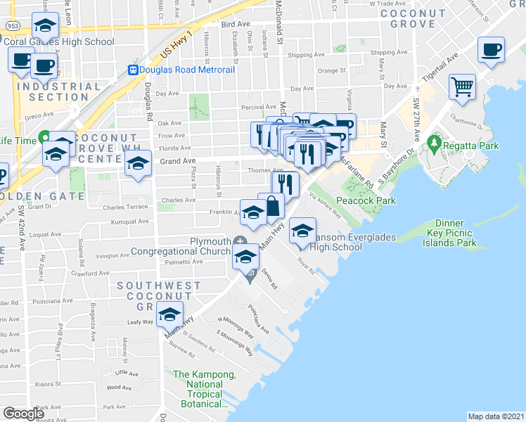 map of restaurants, bars, coffee shops, grocery stores, and more near 3337 Franklin Avenue in Miami