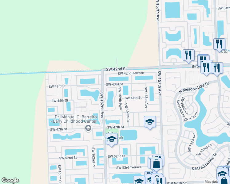map of restaurants, bars, coffee shops, grocery stores, and more near 4360 Southwest 160th Avenue in Miami