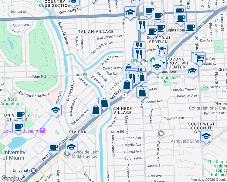 map of restaurants, bars, coffee shops, grocery stores, and more near 510 Loretto Avenue in Coral Gables