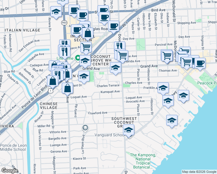 map of restaurants, bars, coffee shops, grocery stores, and more near 3820 Charles Terrace in Miami