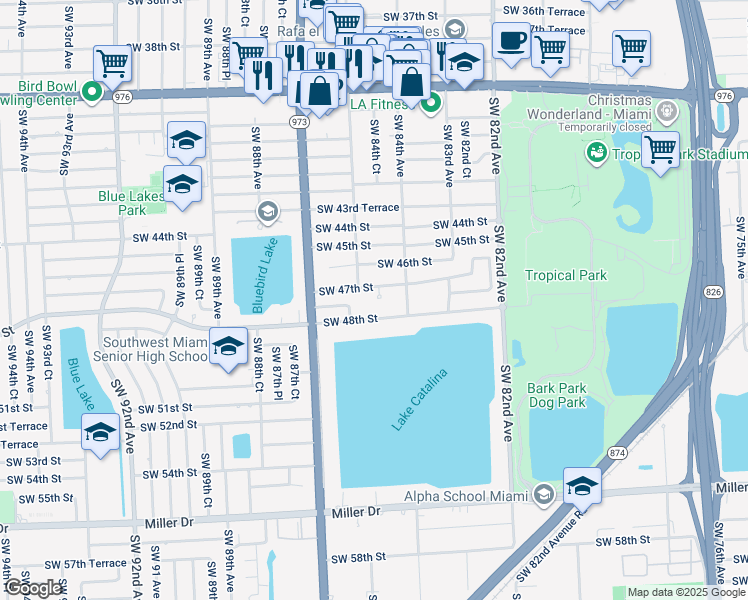 map of restaurants, bars, coffee shops, grocery stores, and more near 4740 Southwest 84th Court in Miami