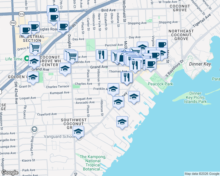 map of restaurants, bars, coffee shops, grocery stores, and more near 3415 Franklin Avenue in Miami