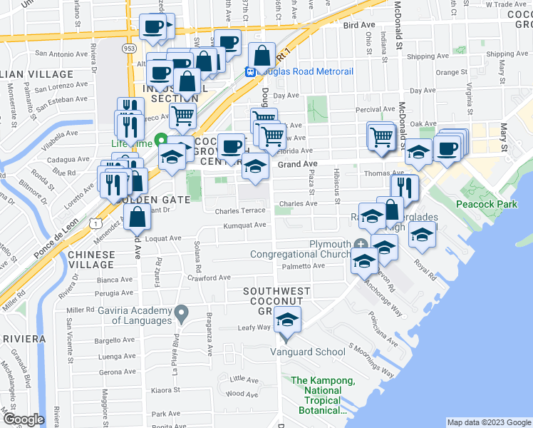 map of restaurants, bars, coffee shops, grocery stores, and more near 3740 Charles Terrace in Miami