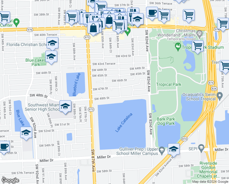 map of restaurants, bars, coffee shops, grocery stores, and more near 4740 Southwest 84th Court in Miami
