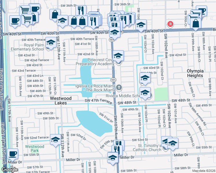 map of restaurants, bars, coffee shops, grocery stores, and more near 10731 Southwest 46th Street in Miami