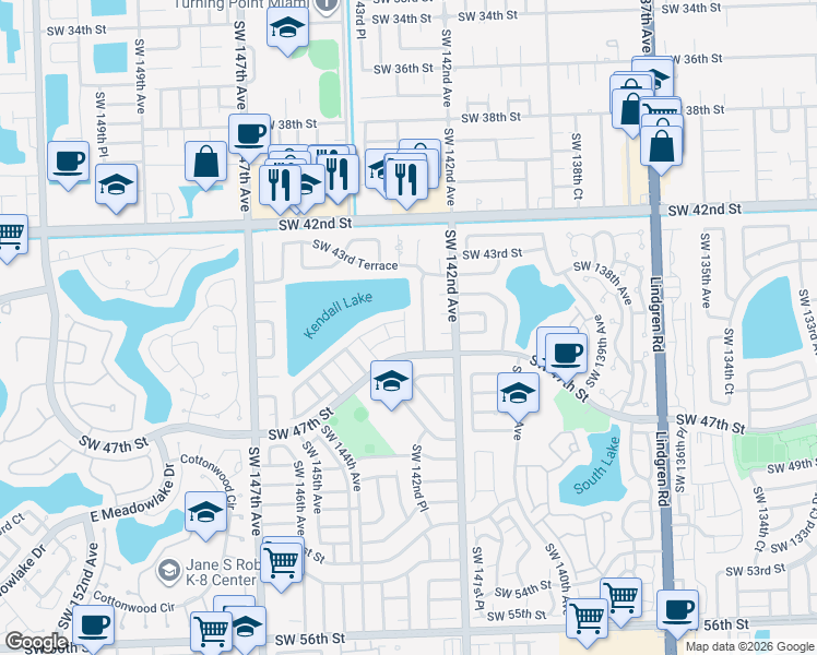 map of restaurants, bars, coffee shops, grocery stores, and more near 4545 Southwest 143rd Avenue in Miami
