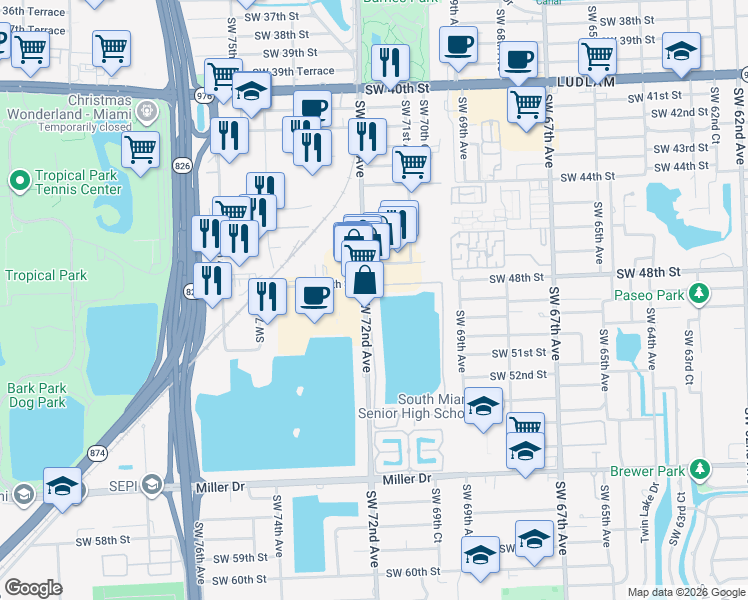 map of restaurants, bars, coffee shops, grocery stores, and more near 4863 Southwest 71st Place in Miami