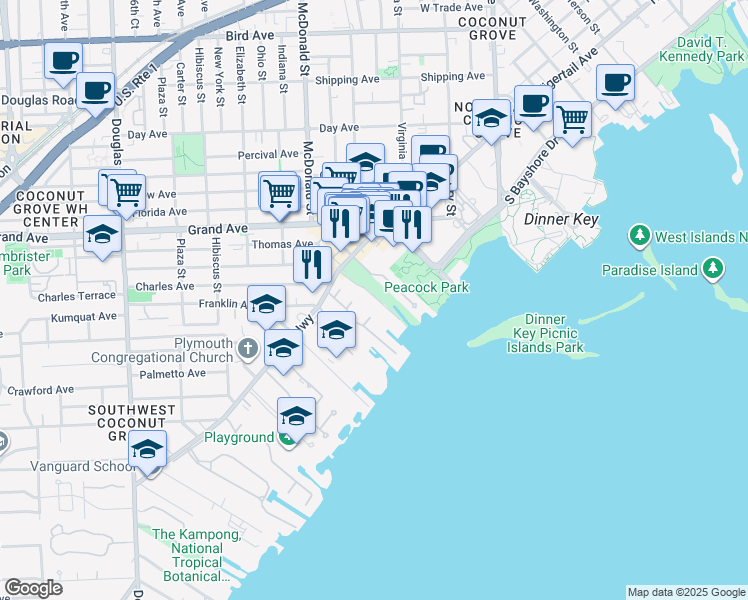 map of restaurants, bars, coffee shops, grocery stores, and more near 3163 Via Abitare Way in Miami