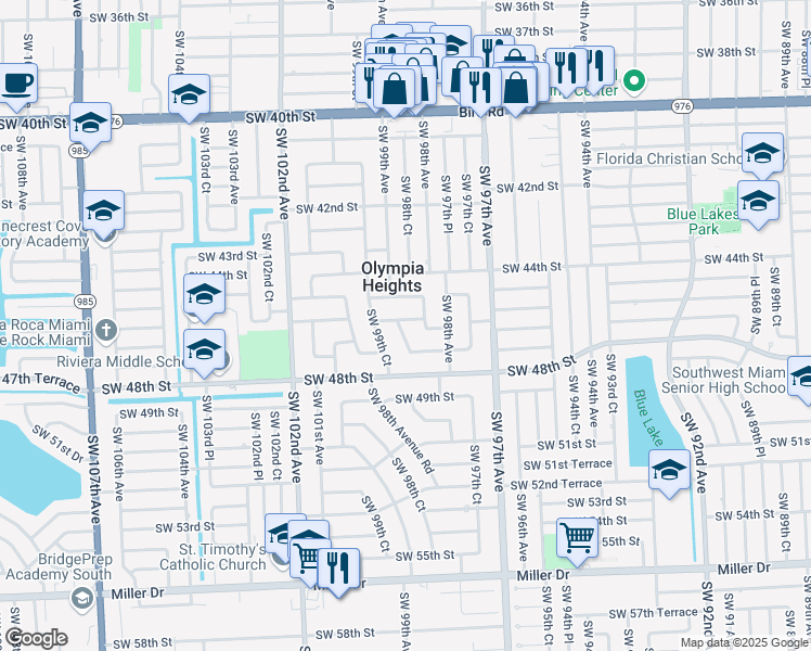 map of restaurants, bars, coffee shops, grocery stores, and more near 9870 Southwest 46th Street in Miami