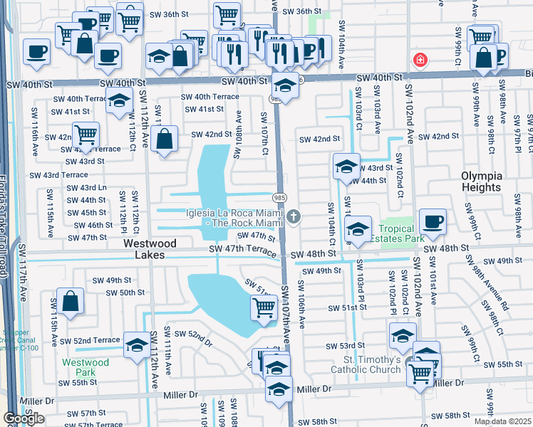 map of restaurants, bars, coffee shops, grocery stores, and more near 10731 Southwest 46th Street in Miami