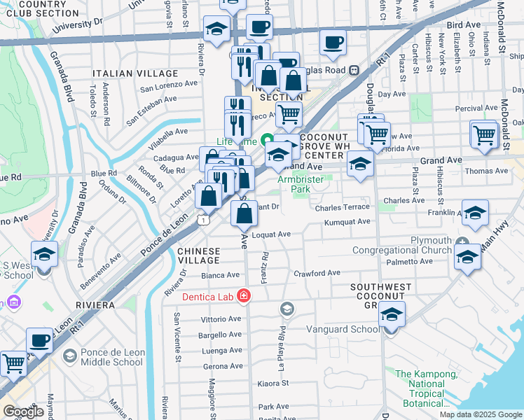 map of restaurants, bars, coffee shops, grocery stores, and more near 224 Grant Drive in Coral Gables