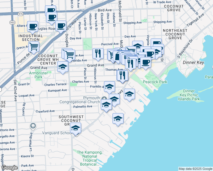 map of restaurants, bars, coffee shops, grocery stores, and more near 3415 Franklin Avenue in Miami