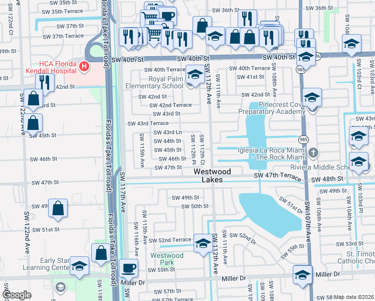 map of restaurants, bars, coffee shops, grocery stores, and more near 4501 Southwest 113th Avenue in Miami