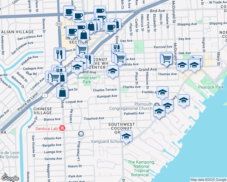 map of restaurants, bars, coffee shops, grocery stores, and more near 3740 Charles Terrace in Miami