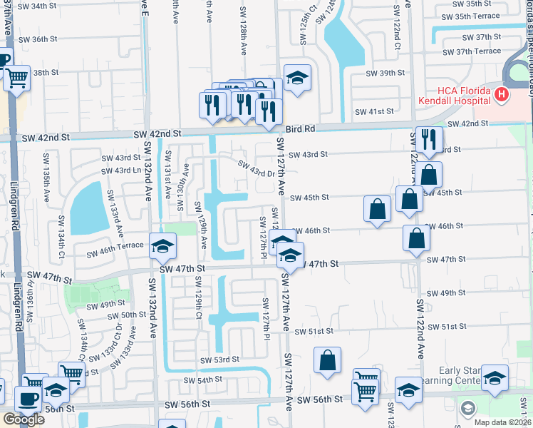 map of restaurants, bars, coffee shops, grocery stores, and more near 4543 Southwest 127th Place in Miami
