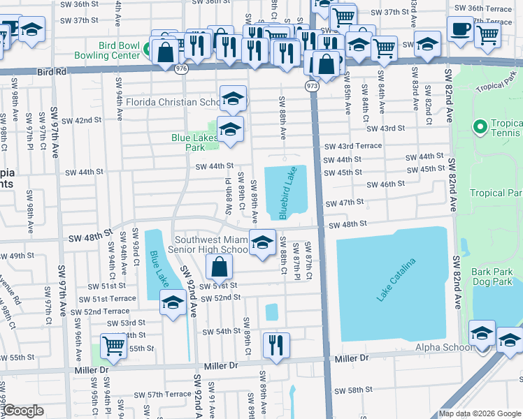 map of restaurants, bars, coffee shops, grocery stores, and more near 4705 Southwest 89th Avenue in Miami