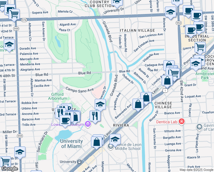 map of restaurants, bars, coffee shops, grocery stores, and more near 4991 University Drive in Coral Gables