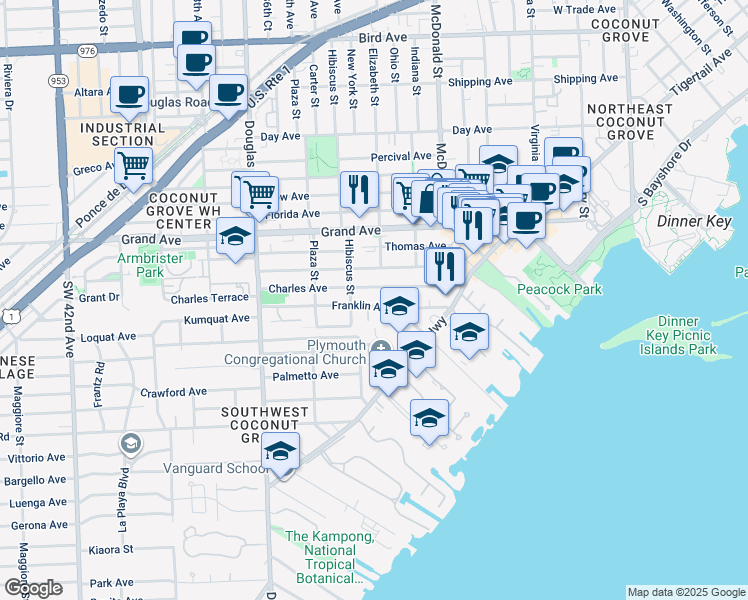 map of restaurants, bars, coffee shops, grocery stores, and more near 3415 Franklin Avenue in Miami