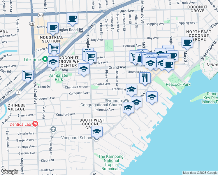 map of restaurants, bars, coffee shops, grocery stores, and more near 3589 Franklin Avenue in Miami
